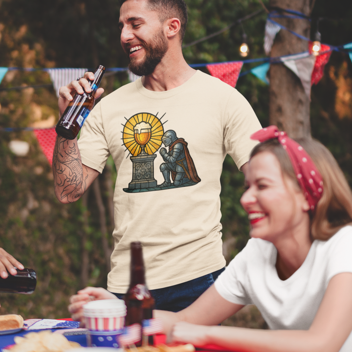 Buy Holy Brew Grail Knight Tee – Medieval Beer Stained-Glass Unisex Shirt | Trendy, Comfortable & Affordable Online