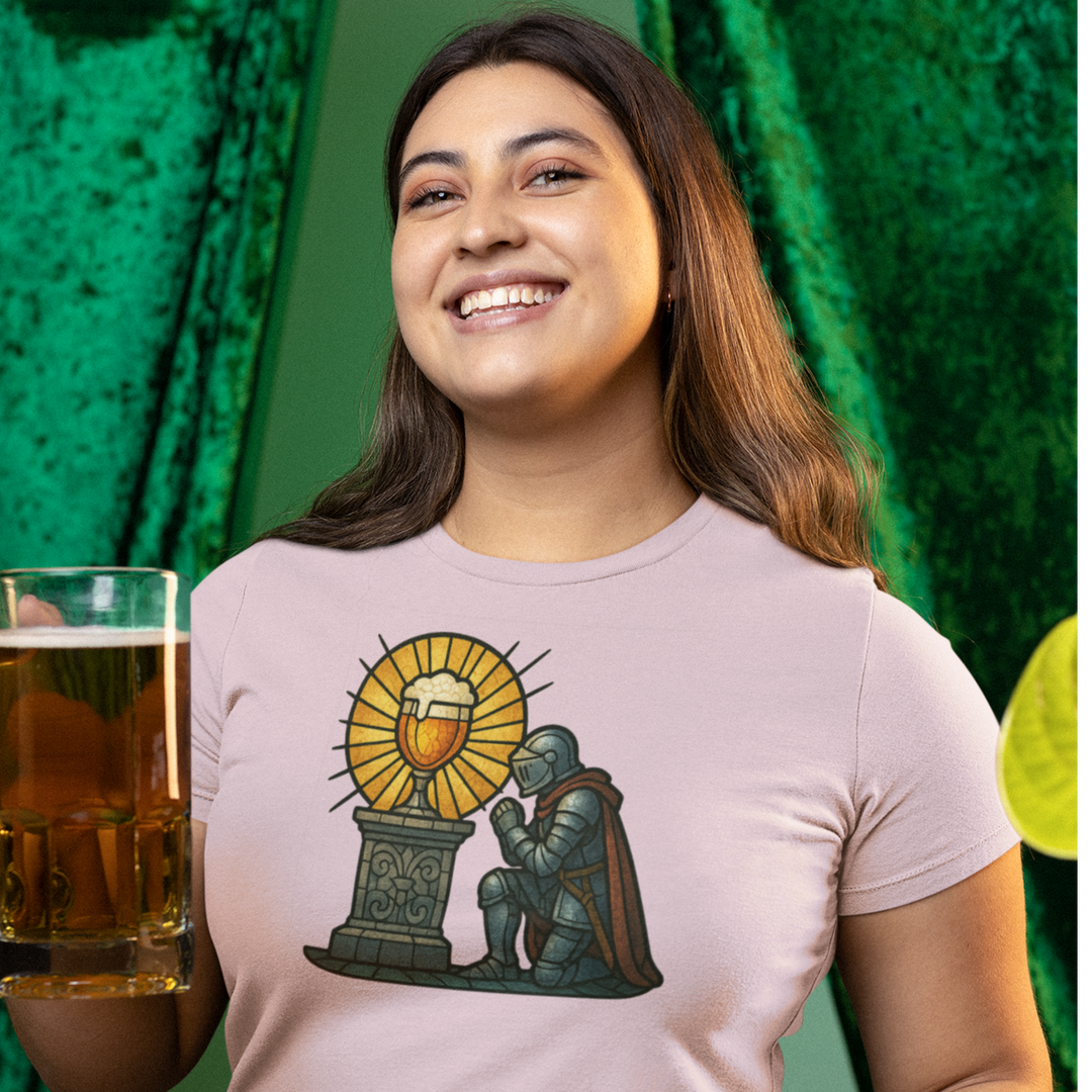 Buy Holy Brew Grail Knight Tee – Medieval Beer Stained-Glass Unisex Shirt | Trendy, Comfortable & Affordable Online