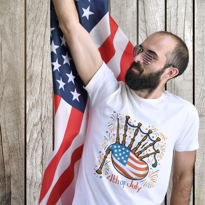 Buy 4th of July American Bagpipe Unisex Cotton Tee – Patriotic USA Fireworks Graphic Shirt | Trendy, Comfortable & Affordable Online